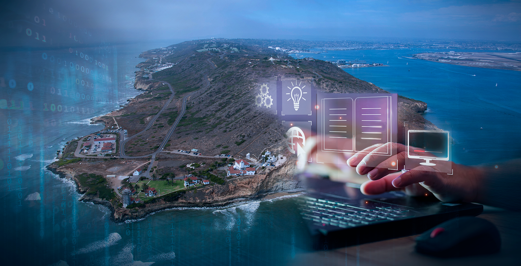 Point Loma in background, Hand typing on computer looking at virtual icons: Light bulb, globe, gears, documents